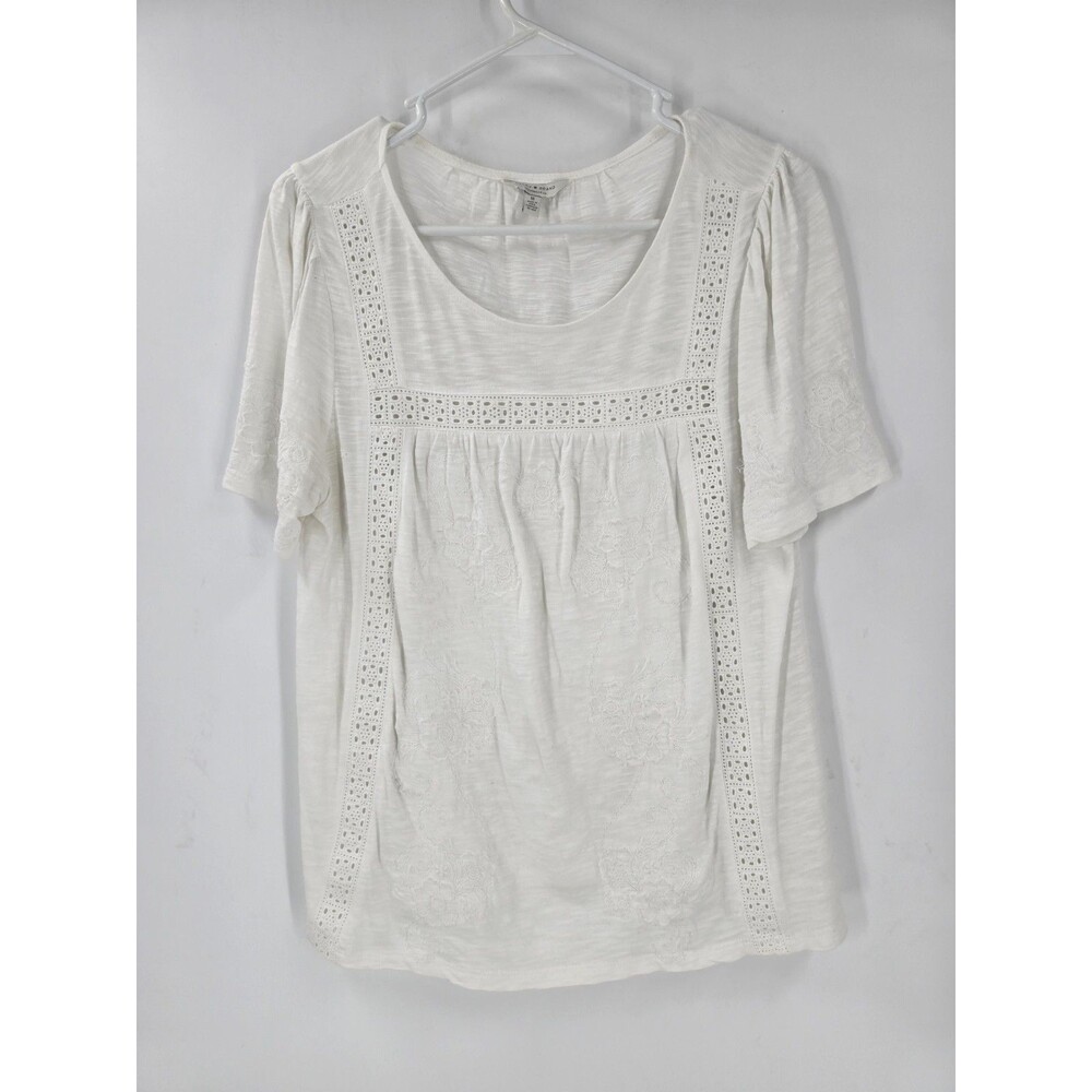 Lucky Brand Womens Boho Embroidered Peasant Top Cotton M Medium White